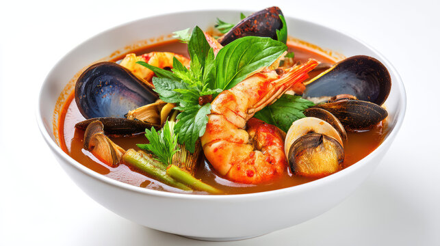 fresh thai tom yum seafood soup with prawns and squid