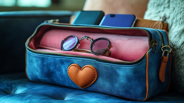 Velvet lined eyewear case with a heart shaped clasp placed inside a handbag along with a phone wallet and lipstick ready for a spontaneous day out