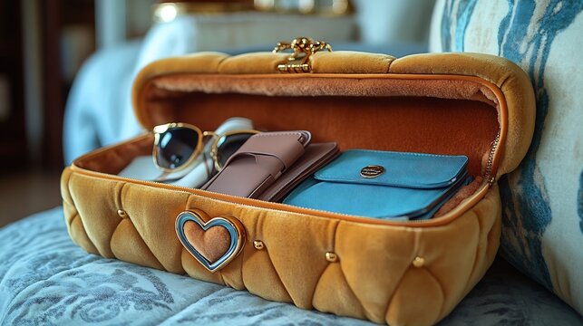 Velvet lined eyewear case with a heart shaped clasp placed inside a handbag along with a phone wallet and lipstick ready for a spontaneous day out