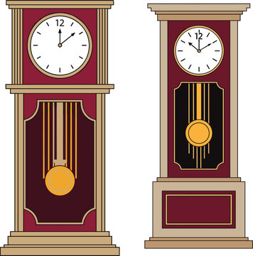 Vintage grandfather clock set illustration classic wooden pendulum clocks antique timepiece interior decor elegant design isolated on white background vector