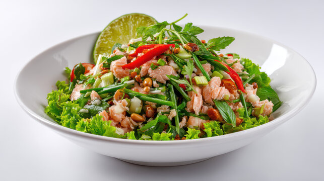 spicy salmon fish salad with thai herbs and spices