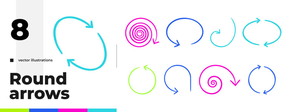 Circular and spiral colorful hand-drawn sketch arrow set. Round loop. Doodle line pointers for direction and explainer content. Simple handdrawn symbols collection. Freehand clip arts for social media