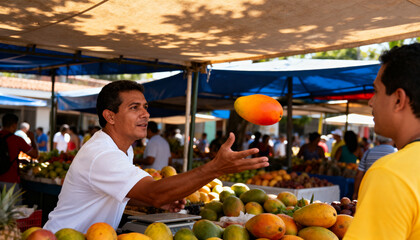 Fototapeta premium Reaching vendor in white-tee tossing ripe mango to customer in yellow-tee at market, with scale