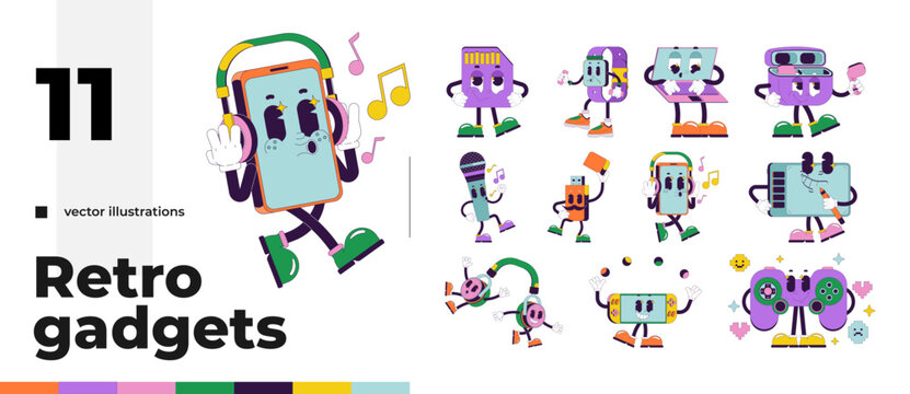 Mobile and entertainment electronics groovy retro characters pack. Isolated cartoon devices vintage mascot set. Funky illustration 60s 70s vibes. Anthropomorphic objects. Technology comic personages
