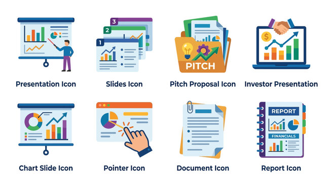Business vector presentation slides with charts and graphs icons set for office documents and reports.
