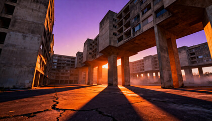 Fototapeta premium Bathing elevated concrete apartment block and square pillars in open plaza, low sun casting shadows