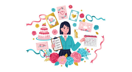 Obraz premium Woman planner organizing wedding details with calendar and cake illustration.