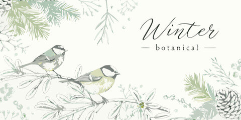 Two small birds perch amongst winter botanical elements and script text © Juel