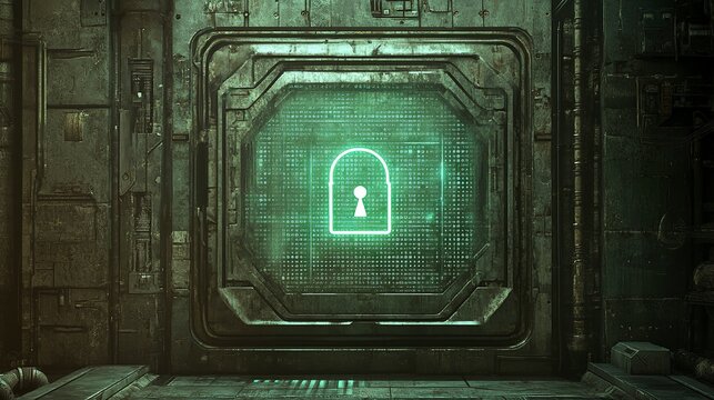 A glowing green lock symbol illuminates a high-tech metallic wall, hinting at hidden secrets within a futuristic chamber full of advanced technology. The atmosphere feels mysterious and intriguing