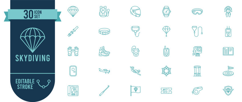 Skydiving 30 Line Icons Set with Editable Stroke - Extreme Sport and Parachute Adventure Vector Symbols for Skydiving Club and Outdoor Activity