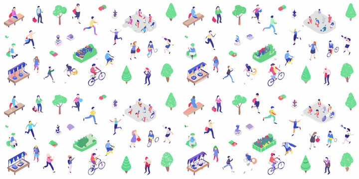 Isometric illustration of people enjoying various outdoor activities in a park