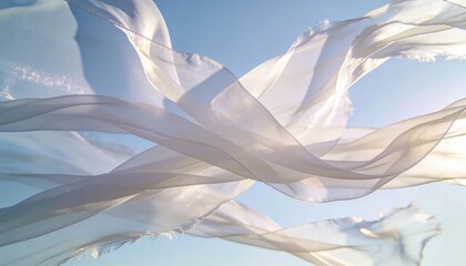 Billowing sheer white fabrics drifting over pale blue sky, showing frayed edges and sunlight