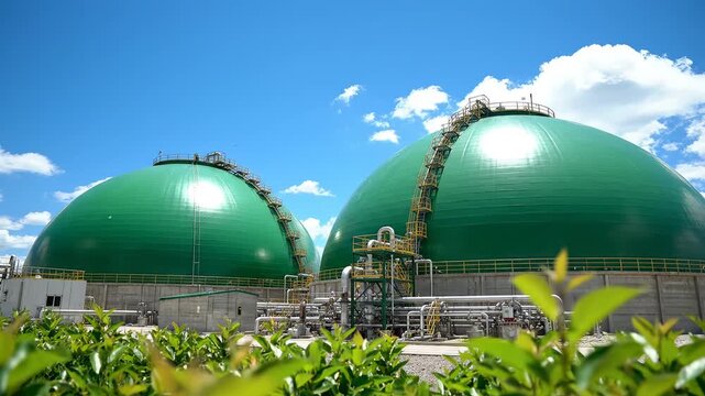 Green industrial domes with plants in foreground