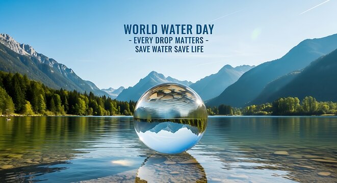 A crystal ball floating on a serene mountain lake reflecting snowy peaks for a World Water Day awareness campaign