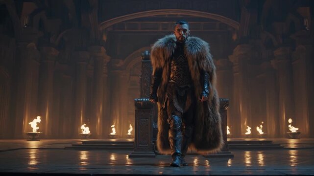 man walking from throne across hall. cloak of fur drapes over armor. torch fire casts glow on stone floor. figure approaches throne under arched ceiling and torch glow. pillar row marks approach.