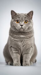Fototapeta premium Purebred British Shorthair Cat With Orange Eyes Sitting Centered Against A Light Gray Background
