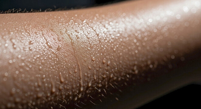 Close up on human skin covered in glistening sweat droplets, revealing pores and fine hairs. Visible sweat forms on arm, indicating intense physical exertion, hot weather, or demanding workout.