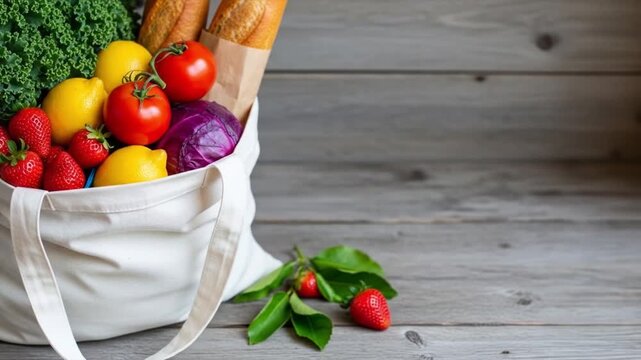 Fresh produce and bread in eco-friendly shopping bag on wooden table