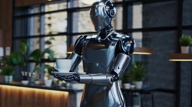 robot holds tablet while humanoid extends arm for handshake in office. technology and automation power service interaction. metal exterior and articulated joint detail create industrial aesthetic.