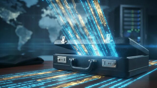 Digital data geopolitics ai semiconductor wars resource monopoly briefcase suitcase concept desk secure server room with cyber data stream and world