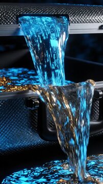Flowing water technology and glowing liquid metal briefcase in geopolitics ai semiconductor war resource monopoly cyber data stream tension narrative