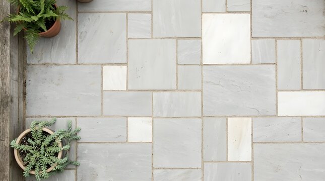 Modern grey sandstone patio tiles, outdoor stone paving slabs with geometric pattern, contemporary garden terrace flooring with potted plants