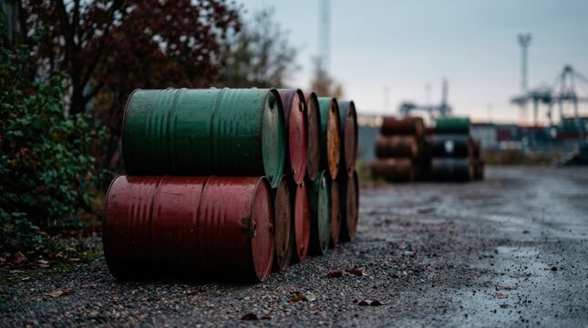 Steel barrels with oil products stacked on ground. Industrial storage of fuel and petroleum at logistics base. Concept of global energy crisis and logistics in extractive industry.