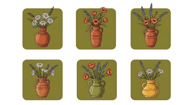 Six square frames with cartoon flower pots