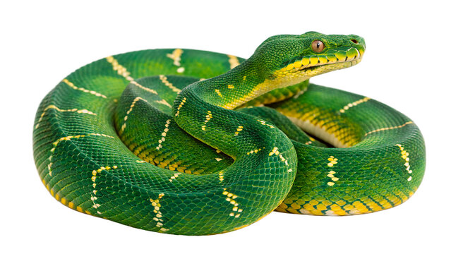 Green tree python emerald tree boa coils around itself in a relaxed position isolated on transparent background cut out
