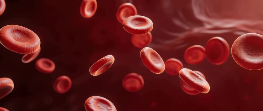 Microscopic 3D animated video of red blood cells (erythrocytes) circulating in a blood vessel, medical science motion background.