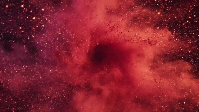 A swirling, explosive abstract display. Red and dark hues erupt, creating a vibrant, celestial feel