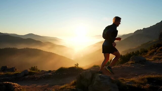 Mountain trail runner silhouette at sunrise