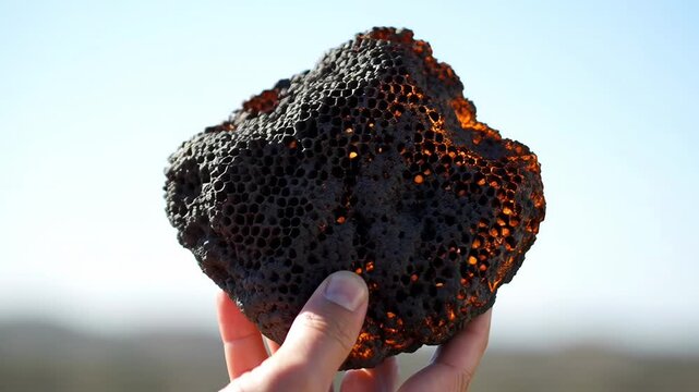 Lava rock closeup in sunlight revealing natural porous texture