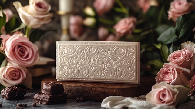 Valentine's Day scene with elegant card holders embossed with heart patterns surrounded by roses chocolates and handwritten love notes