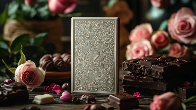 Valentine's Day scene with elegant card holders embossed with heart patterns surrounded by roses chocolates and handwritten love notes