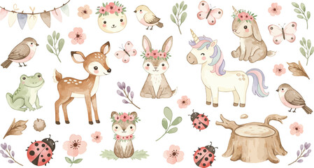 Obraz premium Whimsical watercolor forest animals and florals illustration