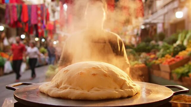 Street vendor preparing traditional flatbread in busy market