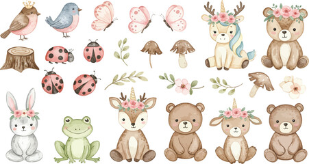 Obraz premium Whimsical forest animals and insects in watercolor style for kids