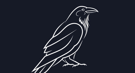 Naklejka premium Minimalist white line art depiction of a crow perched on a dark blue background