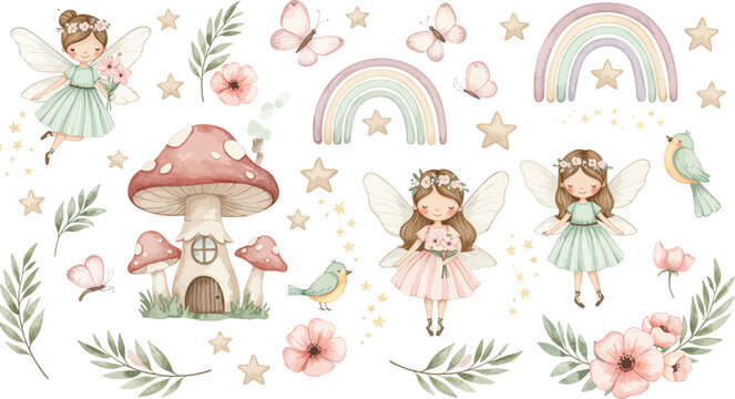 Whimsical fairy tale illustration of girls fairies mushrooms and flowers