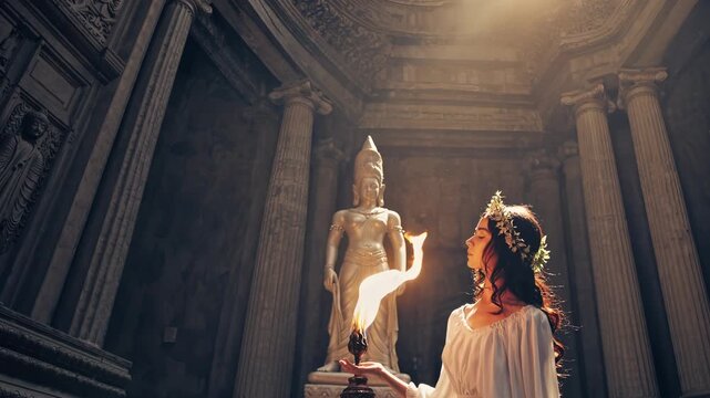 woman wearing laurel wreath and toga stands beside marble statue on plinth. temple column frames interior hall. sunbeam streams through roof into stone space. classical garment and sculpture convey.