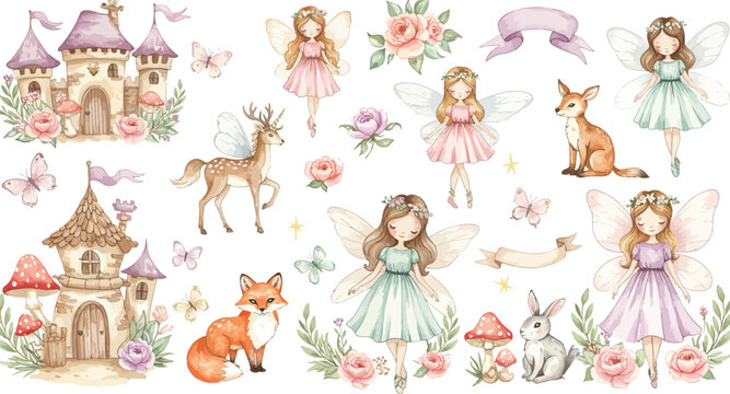 Whimsical forest scene with fairy tale creatures and beautiful young princesses in fantasy dresses