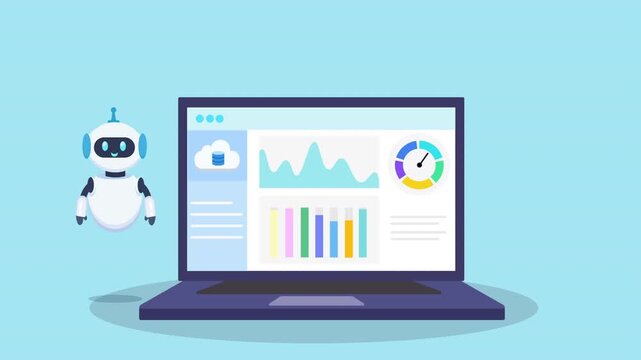 Cute robot assistant next to a laptop displaying animated charts and data dashboard, illustrating artificial intelligence, data analysis, and digital business monitoring workflow.