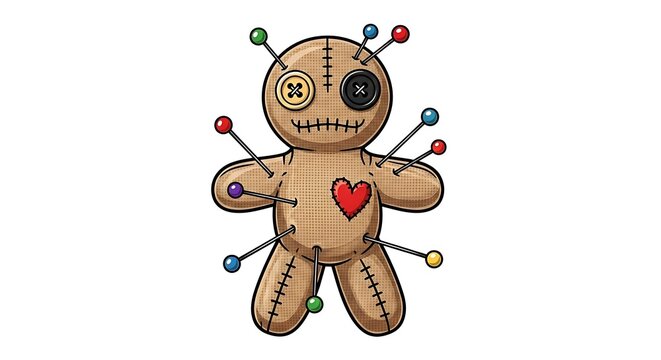 Cartoon voodoo doll with pins