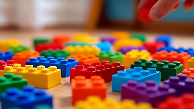 Colorful plastic building blocks scattered on floor