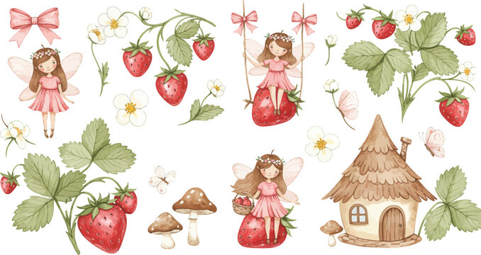 Whimsical illustration of fairies and strawberries with a tiny house