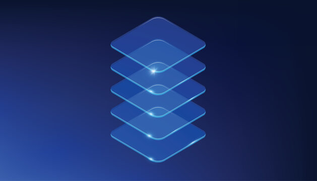 Isometric stack of glowing blue transparent glass layers technology background