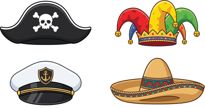 Cartoon Pirate, Jester, Captain, and Sombrero Hats Set in a Fun Colorful Style for Kids Illustration