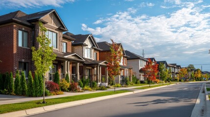 Obraz premium Row of modern brick detached houses line quiet suburban street. New home features green lawn, neat bushes. Paved road extends with young trees, hedge 