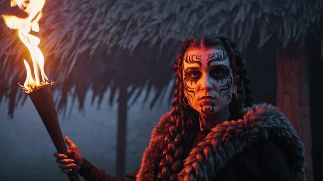 woman with mask and makeup holds torch. braid rests over cloak. fire and smoke frame ritual costume by hut. portrait captures character tradition folklore heritage in nighttime setting at dusk.